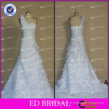 ED Real Photos One Shoulder Flower Pleating Lace Up Heavy Ruffle Organza Vestidos de casamento 2017